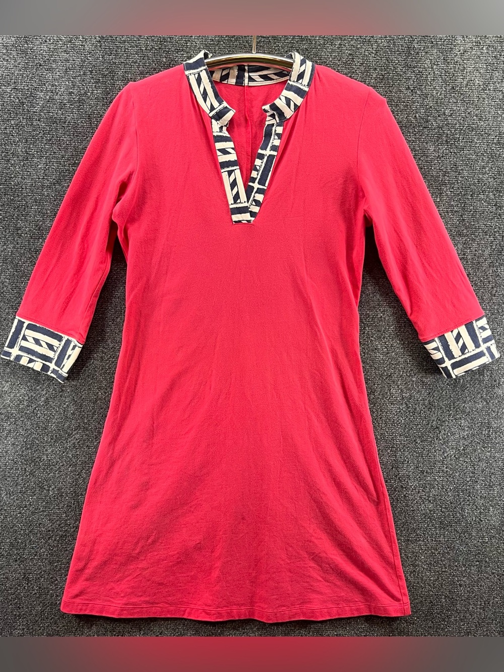 Mahi Gold Tunic Dress Small Pink Pattern Trim Cotton Stretch V-Neck Nautical